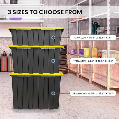 8 PACK Medium Black & Yellow Storage Bins | Plastic Tote Organizing Container with Secure Latching Lids, Stackable, Extra Strength with Built in Handle | Black and Yellow Bins | 24.5" x 16.5" x 9"