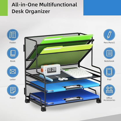 MINDEPOT 4-Tier Paper Organizer + 3-Pocket File Holder, Desktop File Organizers Paper Tray for Office School Classroom Workspace Organization (Black Desk Organizer, No Drawer & No Pen Holder)