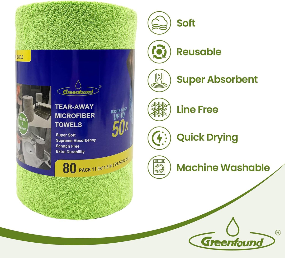 Greenfound Microfiber Cleaning Cloth Roll -80 Pack,Tear Away Microfiber Towels for Car,Reusable Paper Towels Washable,Absorbent,Lint Free Cleaning Rags for House,Kitchen,Window-11.5"×11.5"(Wave Green)