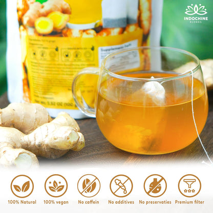 Indochine Blends, Ginger Tea Bags, 50 Teabags, 2g/bag, Individually Wrapped Envelopes, Caffeine-free, No Sugar