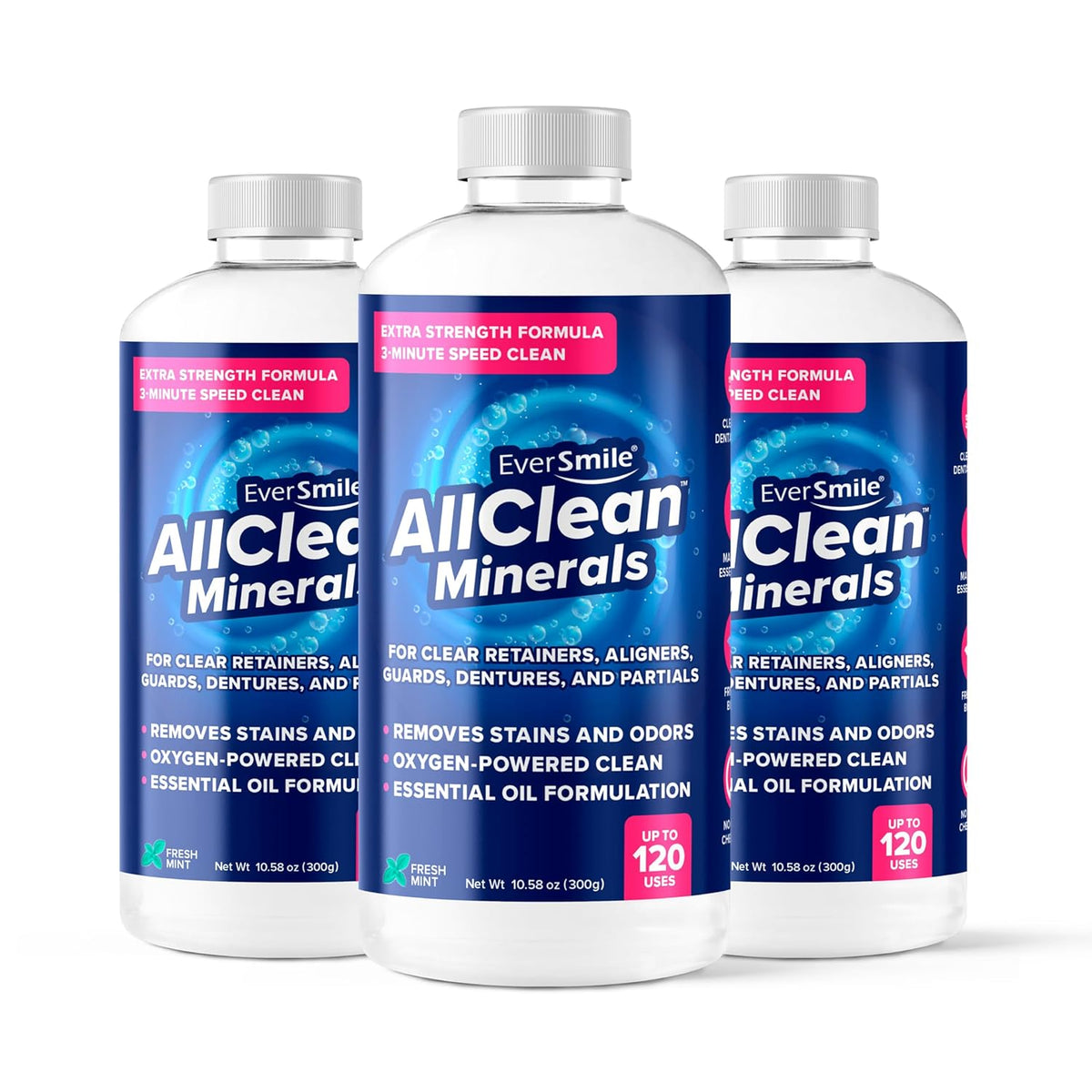 EverSmile AllClean Minerals – Deep Cleaner for Retainers, Clear Aligners, Invisalign, Dentures, Night & Mouth Guards – Removes Stains, Odors & Plaque in 3-Minutes – Up to 120 Uses (300g), 3 Pack
