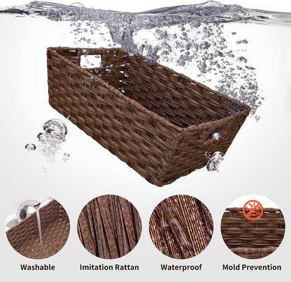 Large Wicker Storage Basket, Metal Frame, Set of 2, Washable Waterproof, 15" x 10.3" x 5.2", Brown Color, Woven Basket for Pantry, Toilet, Bathroom, Bedroom, Patio