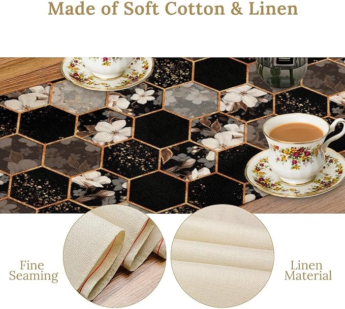 Marble Table Runner, Spring Floral Marble Geometric Texture Pattern Table Runner for Wedding Home Living Room Party Dining Kitchen 13x70in