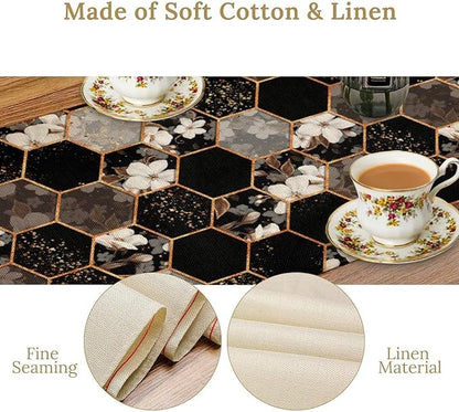 Marble Table Runner, Spring Floral Marble Geometric Texture Pattern Table Runner for Wedding Home Living Room Party Dining Kitchen 13x70in