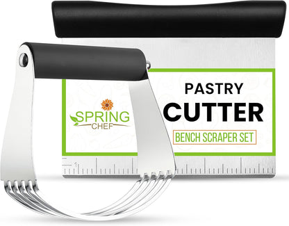 Spring Chef Dough Blender & Pastry Cutter Tool, Stainless Steel Pastry Blender & Bench Scraper for Pizza, Nut, Pie