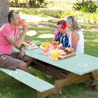 Picnic Table Cover with Bench Covers Elastic Edges, Boho Camper Fitted Table Cover, Outdoor Patio Camping Essentials 72 Inch 3PCS, Waterproof Camping Fitted Tablecloth with Drawstring Bag