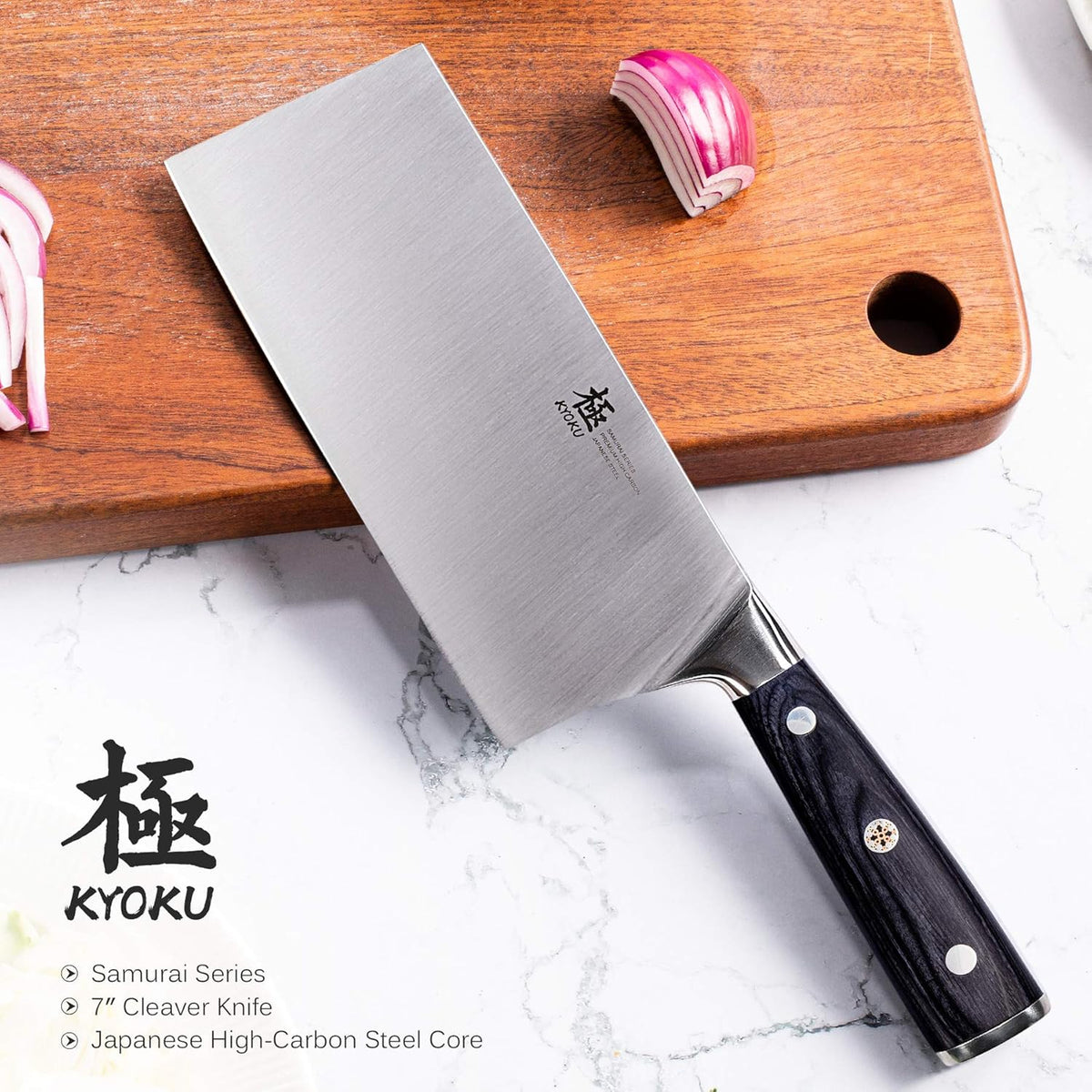 Kyoku Samurai Series - 7" Cleaver Knife - Full Tang - Japanese High Carbon Steel Kitchen Knives - Pakkawood Handle with Mosaic Pin