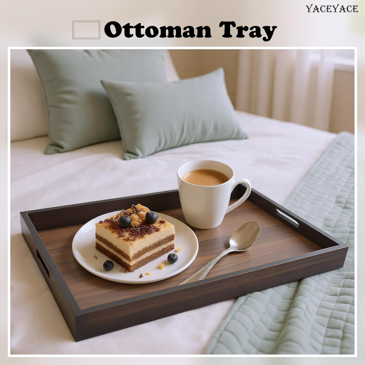 Wood Serving Tray Decor, 15"x10"x1.5" Medium Serving Tray for Party, Ottoman, Coffe Table, Bar, Breakfast in Bed, Dining, Home Decor