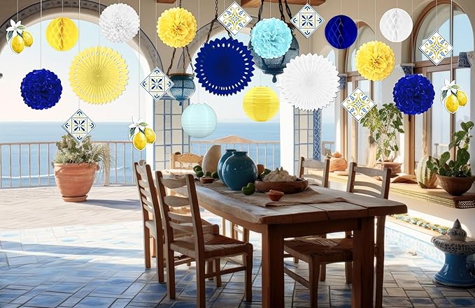 23pcs Amalfi Coast Party Decorations - Capri Lemon Yellow Blue White Hanging Paper Lanterns, Fans, Pom Poms, Honeycomb for Birthday, Baby Shower, Mediterranean, Italian Summer Themed Decor