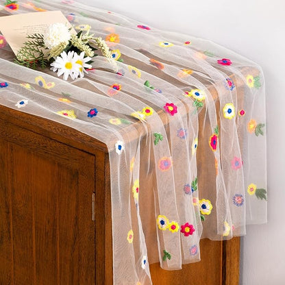 Socomi Flower Table Runner Summer Daisy Floral Tulle Gauze Cheesecloth Embroidery Table Runners for Tea Party Garden Wedding Bridal Baby Shower Birthday Picnic Decor Ivory 1pc