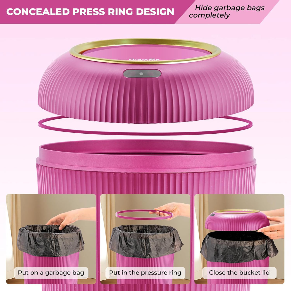 Pukomc Smart Sensor Wastebasket, Convenient and Hygienic Easy to Use, Technology Sensor Waterproof Wastebasket Plastic Trash can for Kitchen, Bathroom, Bedroom, Living Room, Office and Outdoor Pink