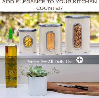Moss & Stone 3-Piece Beige Canisters Sets For The Kitchen, Airtight Canister Set With See Through Window, Storage Jars for Coffee Container