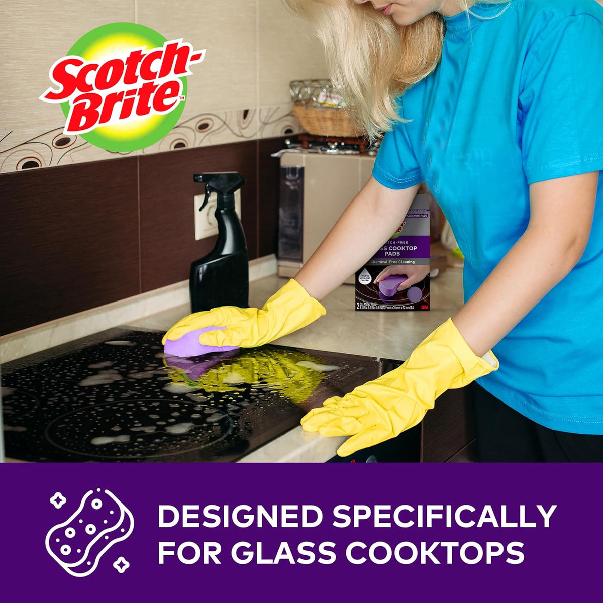 Scotch-Brite Glass Cooktop Pads, Scratch-Free & Non-Abrasive Scrubbers for Glass or Ceramic Stovetops, Cleans Burnt-On Messes with Just Water, Reusable Dishwasher-Safe Design (6 Pads)