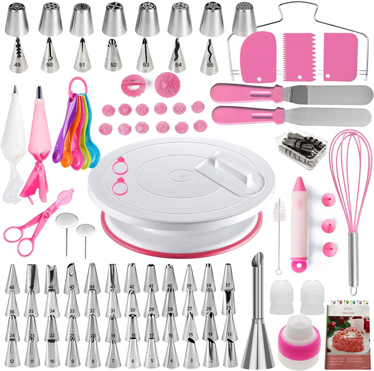 Cake Decorating Kit,137pcs Cake Decorating Supplies with Cake Turntable for Decorating,Pastry Piping Bag,Russian Piping Tips Baking Tools, Cake Baking Supplies for Beginners(Pink)