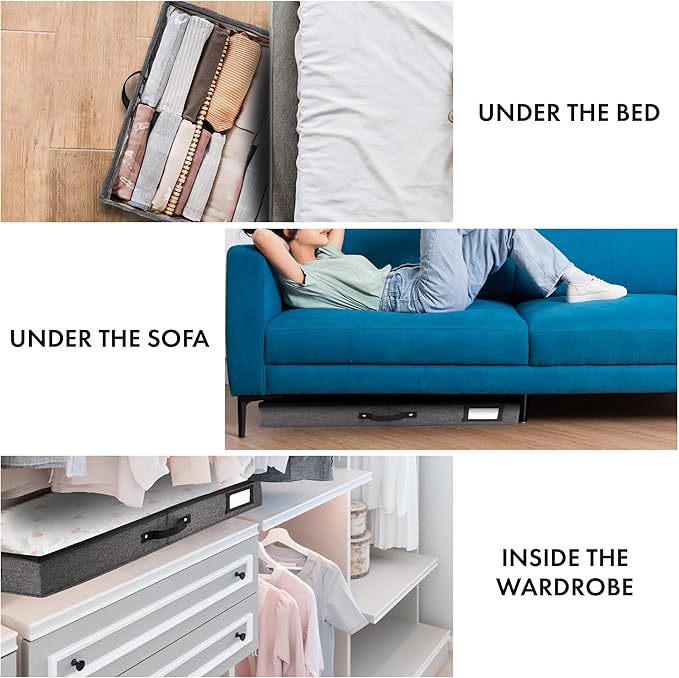 HOMELUX THEORY 2pc Low Profile Under Bed Storage Containers, Thin Under Couch Storage Organizer with Bins & Lids, Underbed Storage Box Ideal for Seasonal Clothes, Blankets, Fabric & Shoes (Dark Gray)