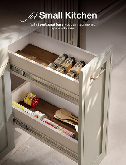 Tinamo 8-Pack Acacia Wooden Spice Drawer Organizer - Spice Organization for Cabinet, Seasoning Organizer for Cabinet - Organizador De Especias De Cocina - 64 Standard Jars, Multi-Tier (Walnut color)