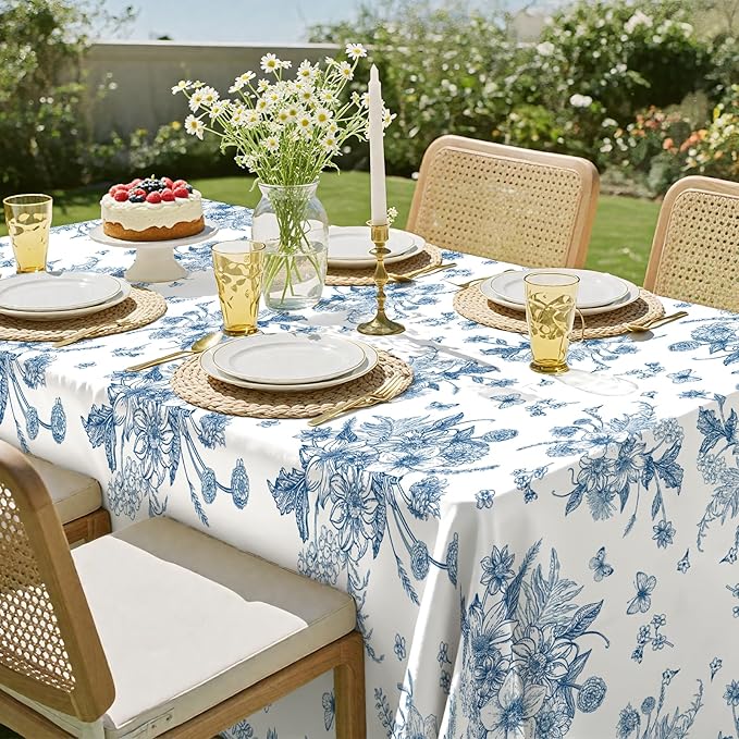3 Pack Blue Floral Plastic Tablecloths, 54 X 108Inch Tea Party Tablecloth Disposable Table Cloths Blue and White Porcelain Tables Decor for Garden Wedding Tea Party Birthday Baby Bridal Shower
