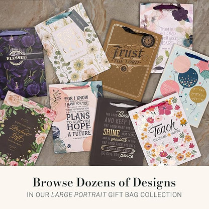 Christian Art Gifts Large Portrait Inspirational Scripture Gift Bag, Tag & Wrapping Tissue Paper Set for Women: Mercies are New Encouraging Bible Verse, Sturdy Satin Ribbon Handles, Blue/Green Floral