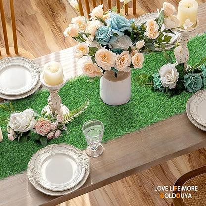 12 x 72 Inch Artificial Grass Dining Table Runner Green Table Decor for Holiday Party, Kitchen Decor, Wedding, Banquet, Indoor/Outdoor Tea Party Decorations