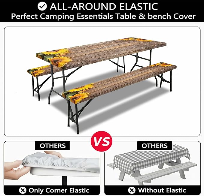Sunflower Picnic Table Cover with Bench Covers, Waterproof Windproof, Camping Essentials, Fitted Tablecloth Cover with Elastic Edge, for Indoor & Outdoor, Garden, Camping, 3 Pieces Set, 30x60 Inch