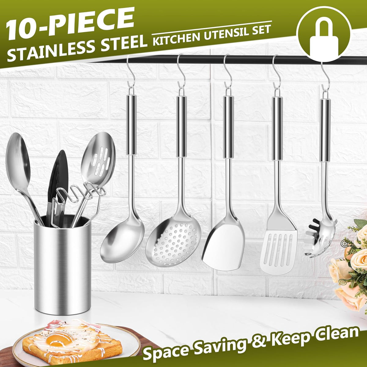 E-far Cooking Utensils Set, 10-Piece Stainless Steel Kitchen Utensils with Holder, Metal Heat Resistant Kitchen Cookware Tool Spatula Set for Cooking