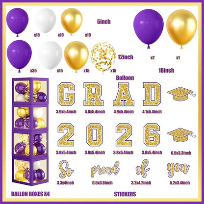 Graduation Decorations Class of 2026, Purple and Gold Graduation Decorations 2026, Purple Boxes Balloon Arch with Letters So Proud of You Grad 2026 for Memorable College Graduation Party Supplies