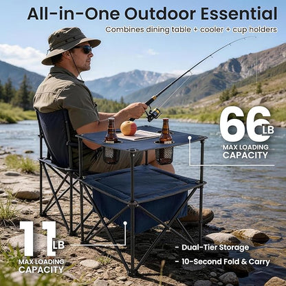 Portable Outdoor Folding Camping Table with 4 Cup Holders & Cooler Compartment, Waterproof Picnic Table for Picnic, BBQ, Beach, Hiking (Dark Blue, 1 PCS)