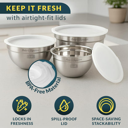 Baker's Signature Stainless Steel Mixing Bowls With Lid, Metal Mixing Bowl Set Of 3, Nesting Set For Food Prep, Baking,Storage, Cooking, Serving
