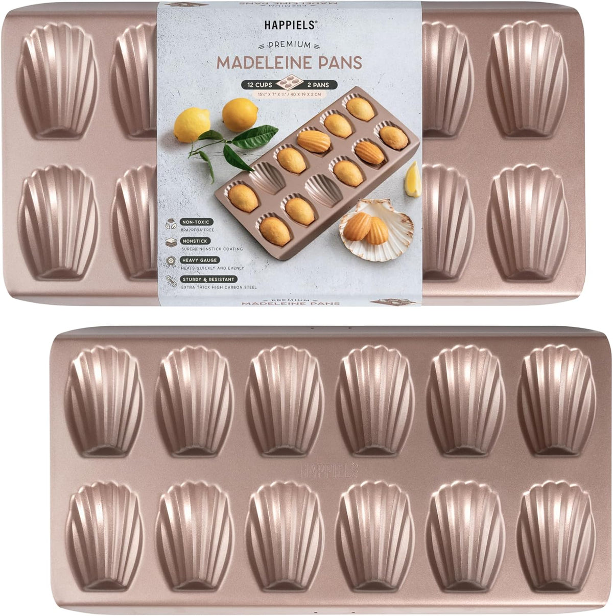 Non Toxic Nonstick Madeleine Pan 12 Well Set of 2 (24 wells), Non Stick Nontoxic Madeleines Pans for baking, Madeleine Cake Cookie Mold