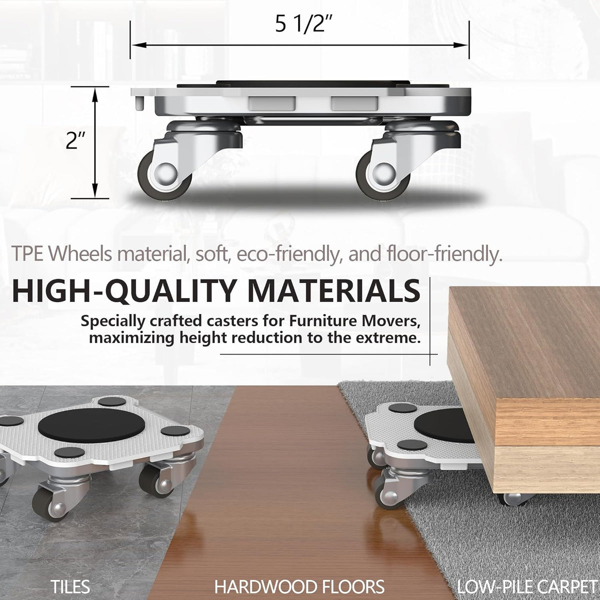ONEON Furniture Mover Pro - 4Pack Enhanced Dollies with Custom TPE Wheels - Effortless Heavy Furniture Transport (Light Gray: 4 Dollies Only)