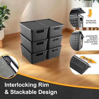 NUMIFUN Storage Bins with Lids, Set of 6, Stackable Woven Design, Black Plastic Containers with Easy Pull Handles, Interlocking Rim, Stackable Storage Boxes with Lids for Pantry, Closet