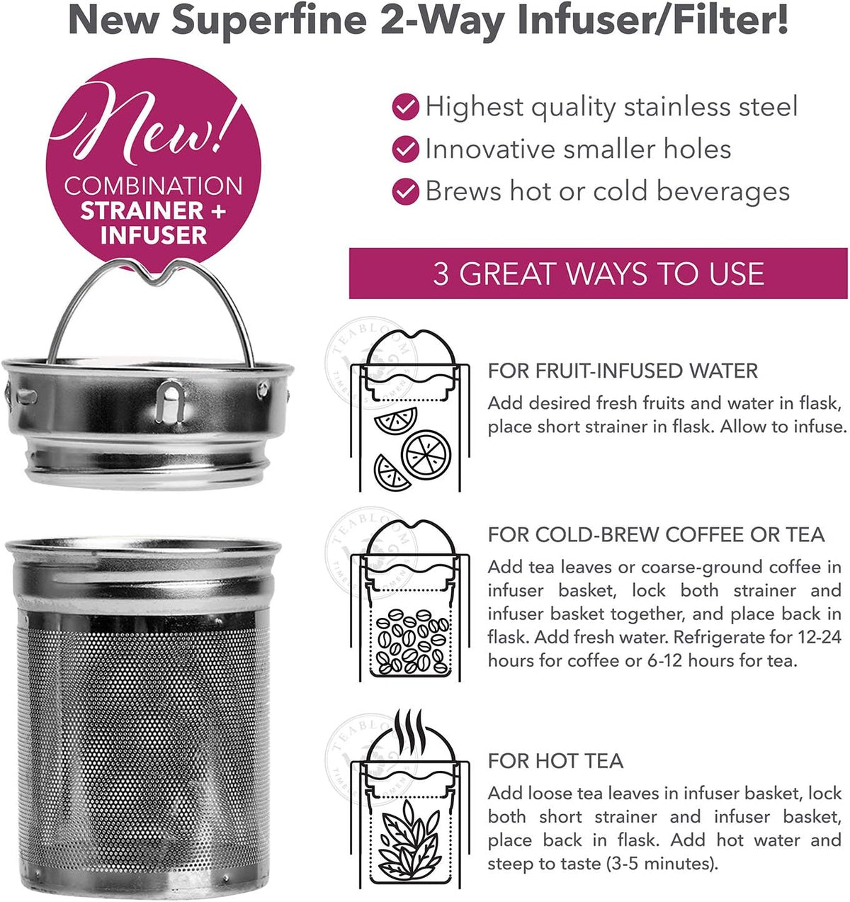 Teabloom All-Beverage Infusion Bottle – 14 oz / 400 ml – Double Wall Insulated Glass Travel Flask – Hot Tea & Cold Brew Coffee Thermos
