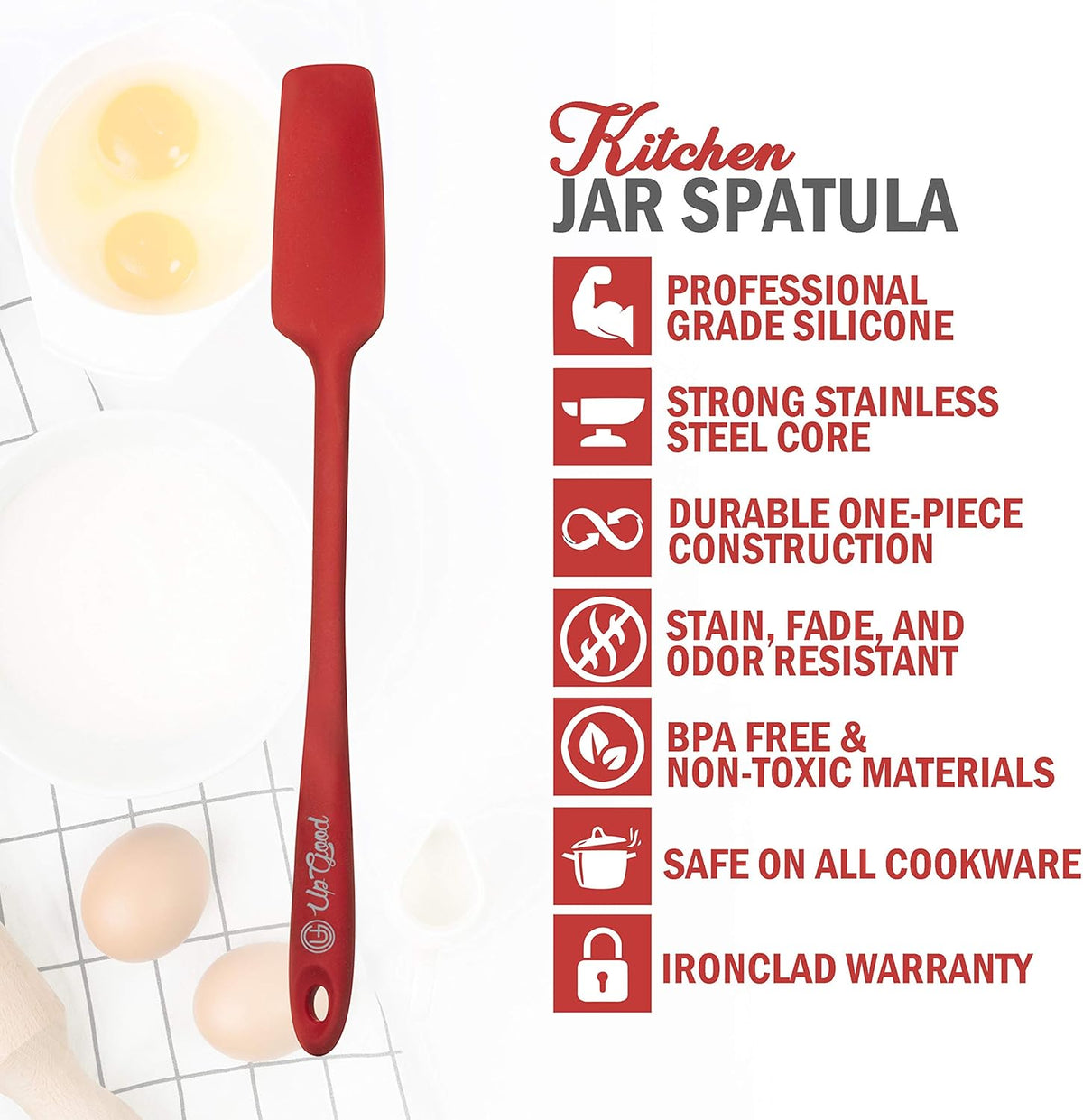 Silicone Jar Spatula | 600F Heat Resistant Non-Stick Rubber Scraper | Perfect for Jars, Smoothies, Blenders | One Piece Utensils | Durable Kitchen Cookware (UpGood Professional Spatulas, Red)