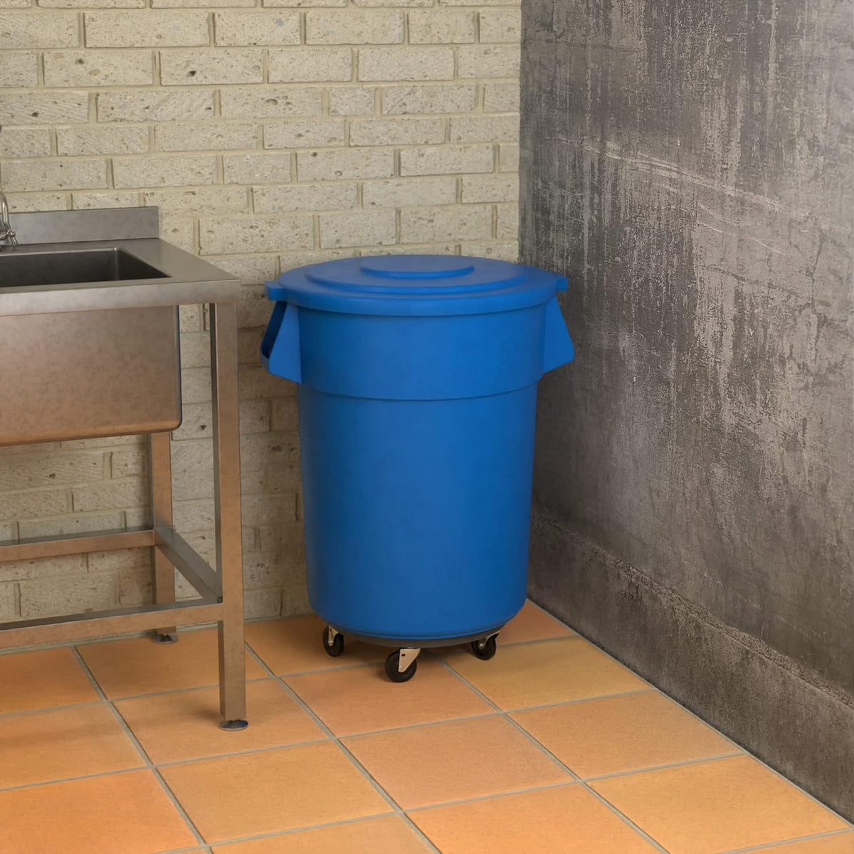 55 Gallon Blue Round Commercial Trash Can with Lid and Dolly