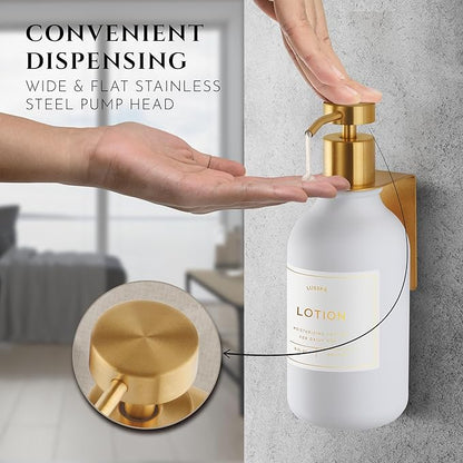 Shower Shampoo Dispenser Wall Mounted – 3 Refillable 16.9 oz White Bottles with Stainless Steel Pumps & No-Drill Adhesive Holders – Soap Dispenser Set for Bathroom (3 X White/Gold)