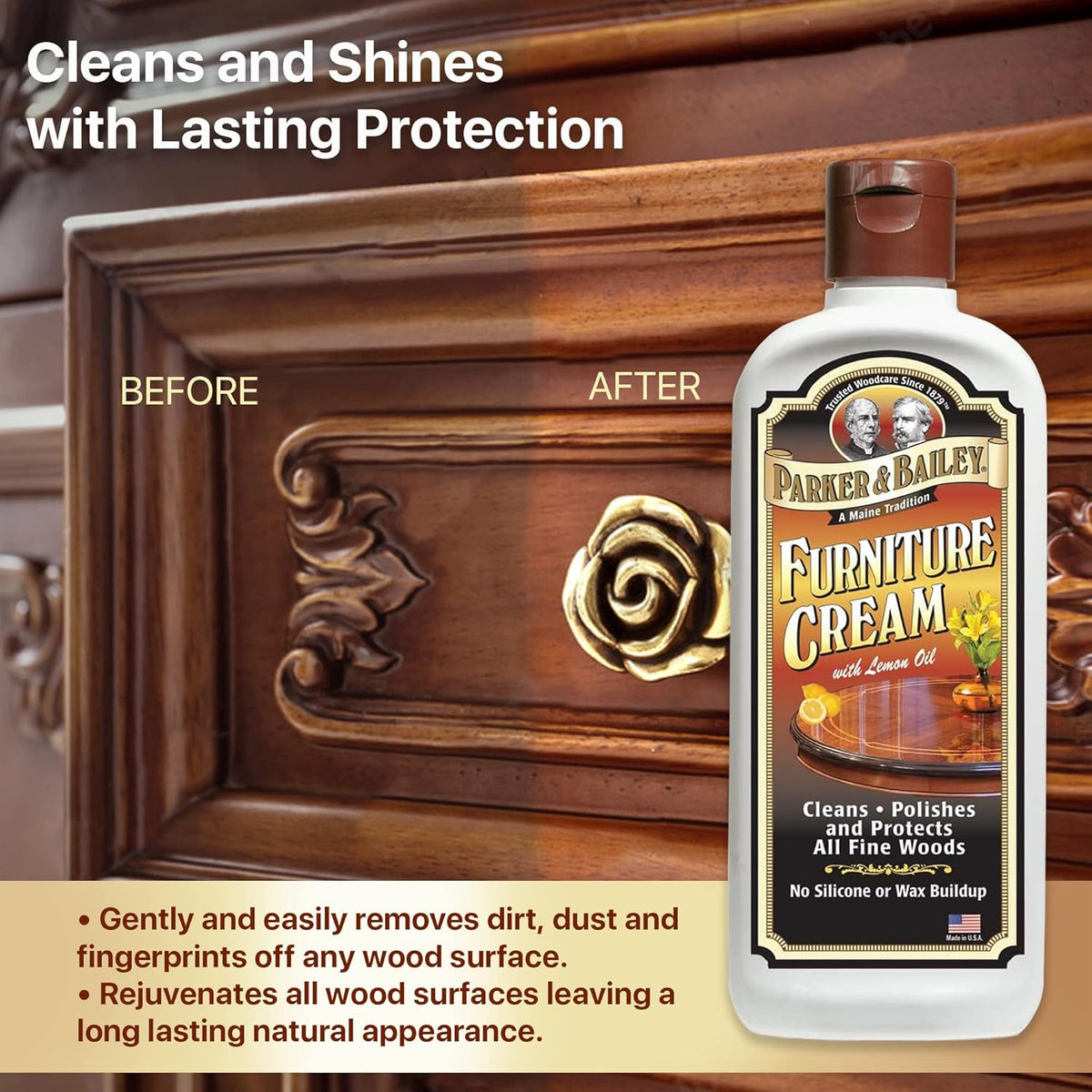 Parker & Bailey Furniture Cream - Multisurface Wood Cleaner and Polish Furniture Quick Shine Restorer Protector Kitchen Cabinets Surface Cleaner House Cleaning Supplies Home Improvement