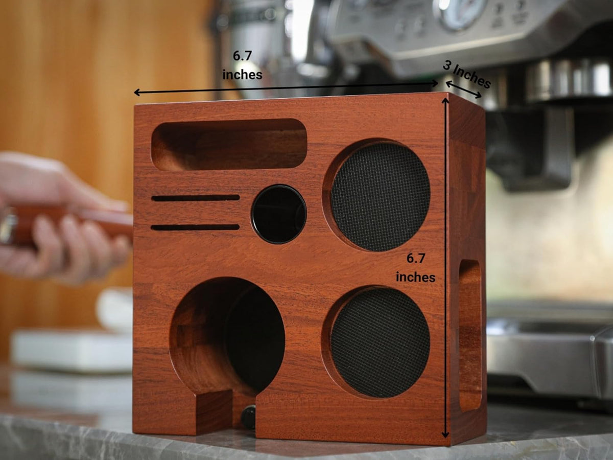 Rosewood Espresso Workstation – Wooden Tamping Station Organizer 54mm & Coffee Knock Box Kit