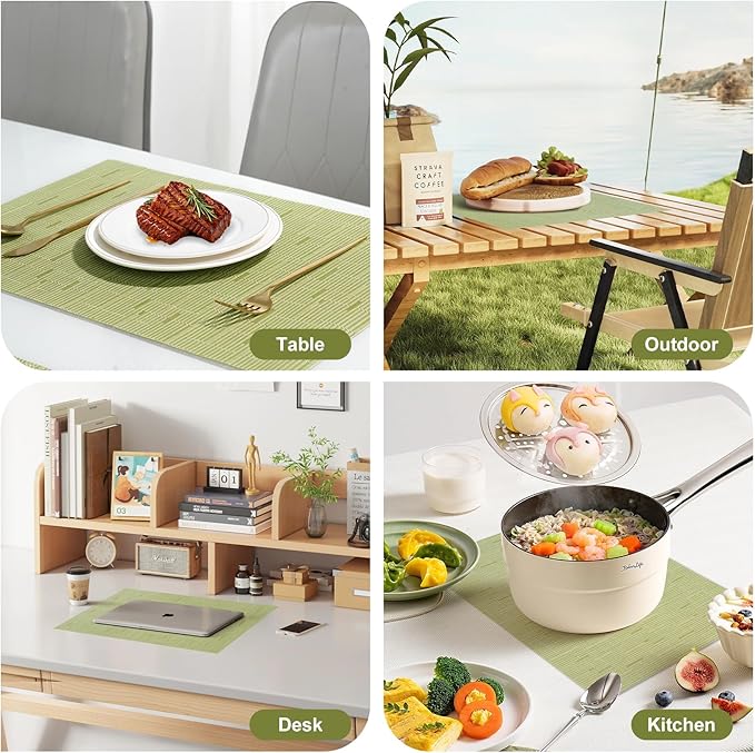 Placemats Set of 6，Christmas Non-Slip PVC Weave Table Mats Easy to Clean，Heat Resistant Place Mats for Kitchen Dining Table Decoration Indoor Outdoor，Pea Green