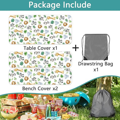 Jungle Safari Picnic Table Cover with Bench Covers, Camping Essentials, Animal Print Waterproof Windproof Table Cover, Fitted Tablecloth Cover with Elastic Edge, for Indoor & Outdoor 3 PCS 30x60 Inch