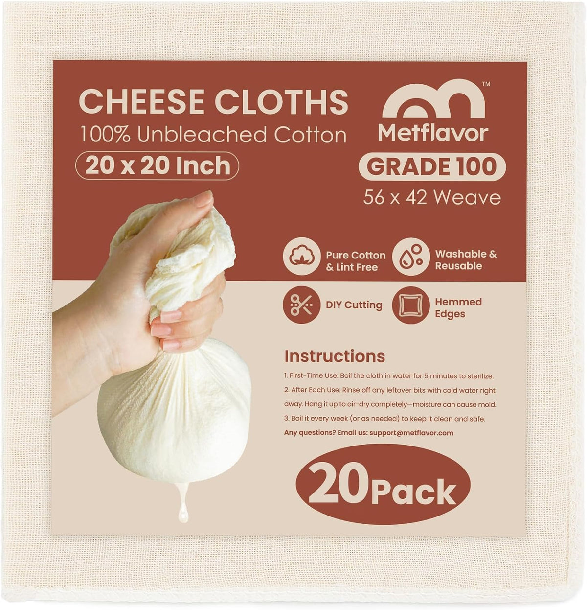 20Pcs Reusable Cheesecloth for Straining 20x20 Inch,100 Grade Cheese Cloths Hemmed Edges, 100% Unbleached Cotton Cheese Cloth