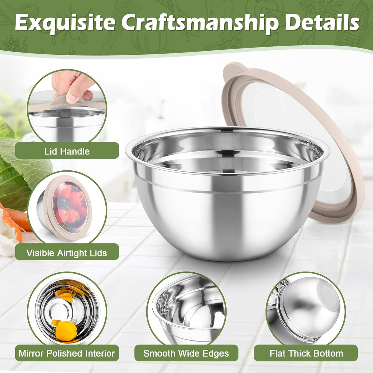 TeamFar Mixing Bowls, 3PCS Stainless Steel Serving Salad Bowls with Lids & 3 Graters, For Kitchen Mixing/Baking/Storing/Prepping, Visible & Airtight