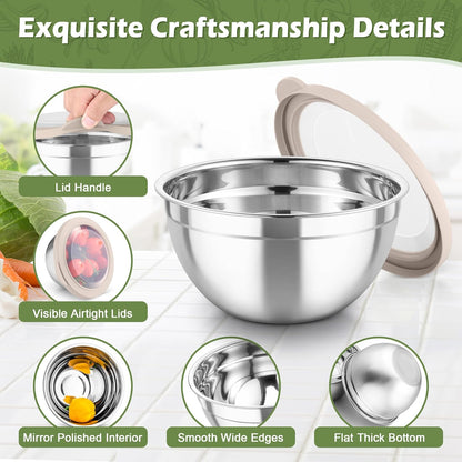 TeamFar Mixing Bowls, 3PCS Stainless Steel Serving Salad Bowls with Lids & 3 Graters, For Kitchen Mixing/Baking/Storing/Prepping, Visible & Airtight