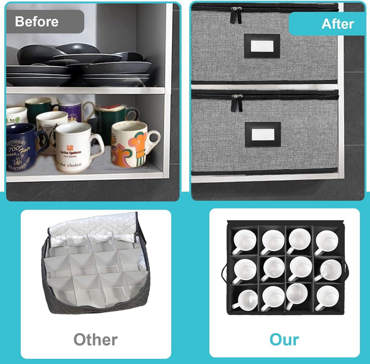 Quilted Mug Cup Storage Box-China Storage Containers Hard Shell,Cup Storage Containers with Lid for Moving Transport,Kichen Dinnerware Storage