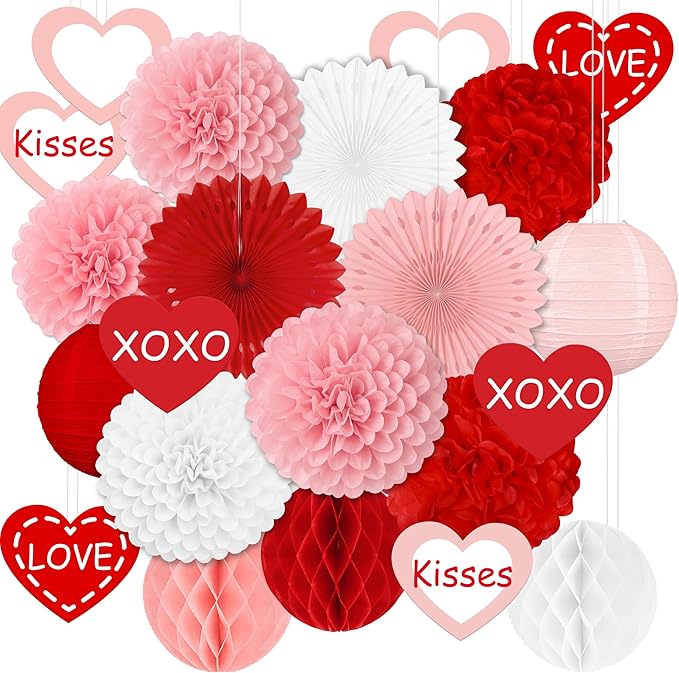 22pcs Valentines Day Party Decorations – Red Pink Paper Fans, Honeycomb Hanging, Tissue Pom Poms Kit for Classroom, Office, Birthday, Galentines Ceiling Decor