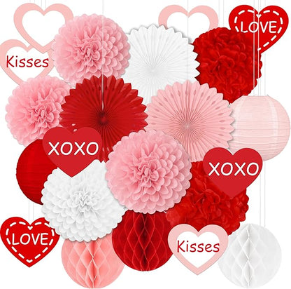 22pcs Valentines Day Party Decorations – Red Pink Paper Fans, Honeycomb Hanging, Tissue Pom Poms Kit for Classroom, Office, Birthday, Galentines Ceiling Decor