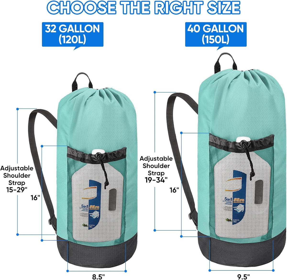 BALEINE 120L Laundry Bag Backpack, 900D Oxford Fabric Large Travel Laundry Bags with Shoulder Straps and 2 Mesh Pockets for College Dorm, Apartment, Laundromat (Sky Blue, 120L)
