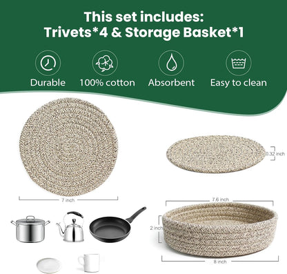 RIOOP 7 Inches Trivets for Hot Dishes, Pots and Pans with Storage Basket, 4 Heat Resistant Large Coaster for Kitchen, Hot Pads Mats for Countertops Table Kitchen Essentials Farmhouse Halloween Decor
