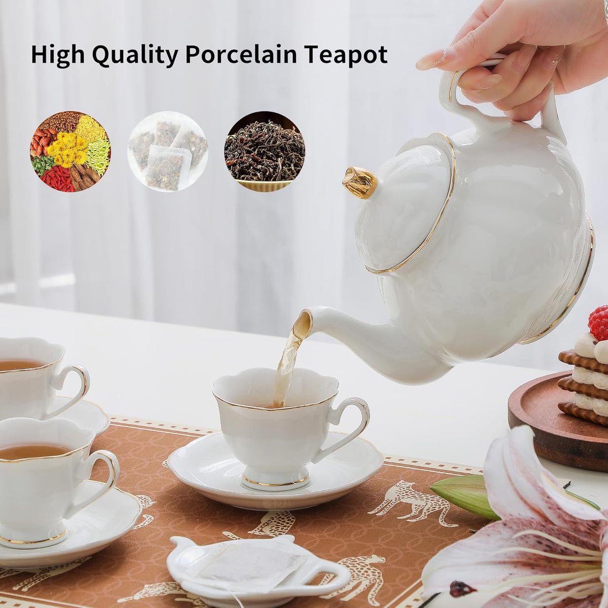 27oz White Porcelain Teapot with Gold Trim, Classic Ceramic Teapot for Loose Leaf Tea & Tea Bags, Elegant Small Teapots for Daily Use or Gifts