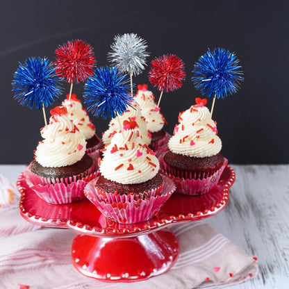 Ephlyn 30Pcs Foil Firework Cupcake Toppers Sparkle Tinsel Cupcake Picks Happy Birthday Cake Toppers Drink Cocktail Food Fruit Toothpicks for Baby Shower Birthday Party Supplies Red Silver Dark Blue