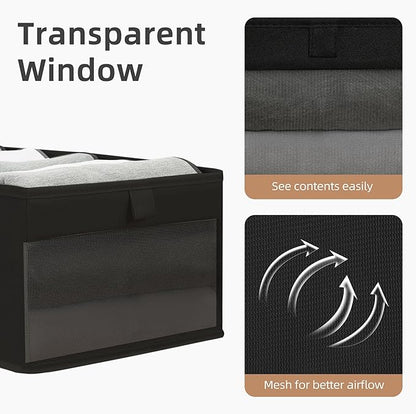 STORAGE MANIAC 6 Pack Storage Bins with Clear Window, Storage Boxes for Shelves, Sturdy Foldable Closet Organization Fabric Shelf Basket for Toy, Towel, Book, Jeans, Offices, Dorm, Wardrobe, Black